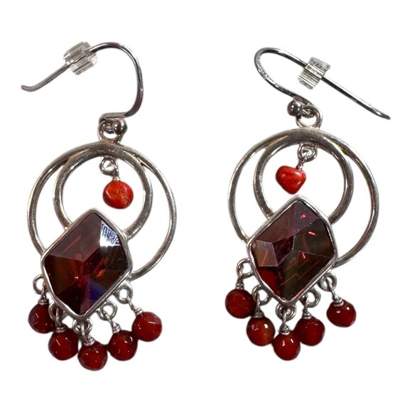 Sterling Silver Dangle Earrings Garnet Red Gemstones & Beads Chandelier Boho - Picture 3 of 5